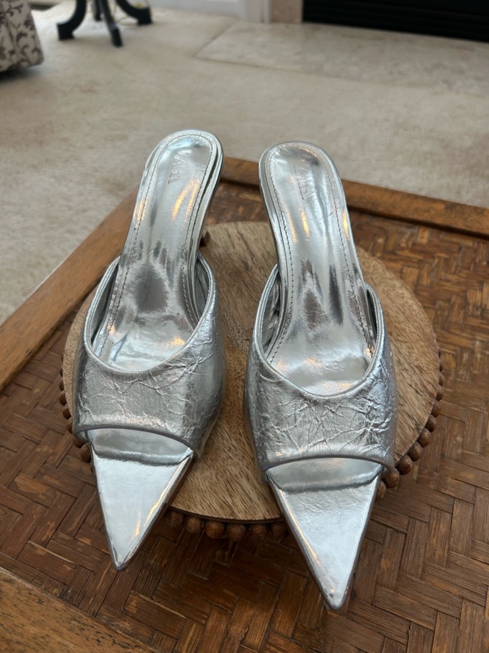 Zara Metallic Silver Pointed-Toe Kitten Heel Mules - Picture 2 of 6